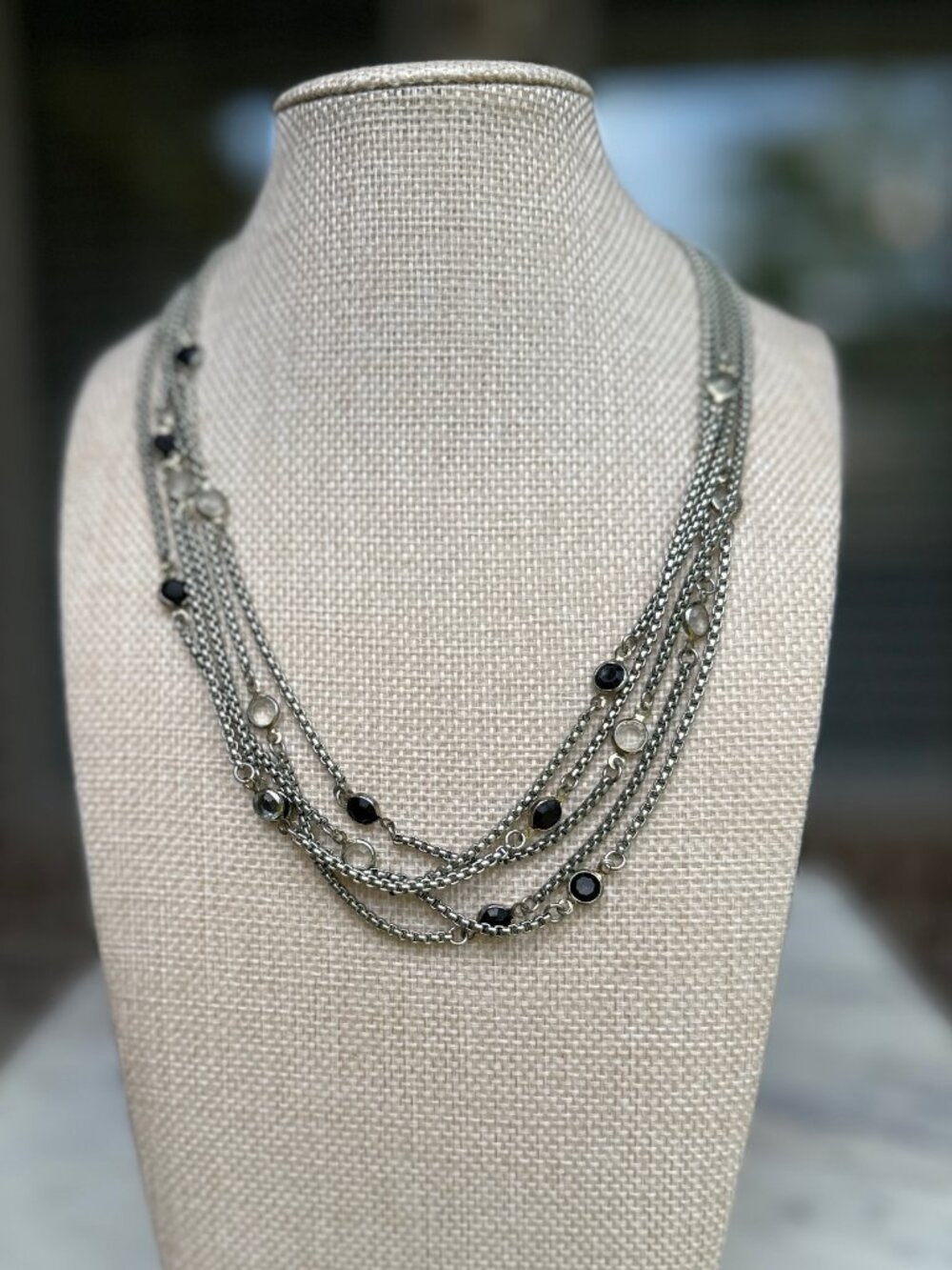 Multi Strand Silver Chains Layered Delicate Necklace Bezel Set Beads Black Clear